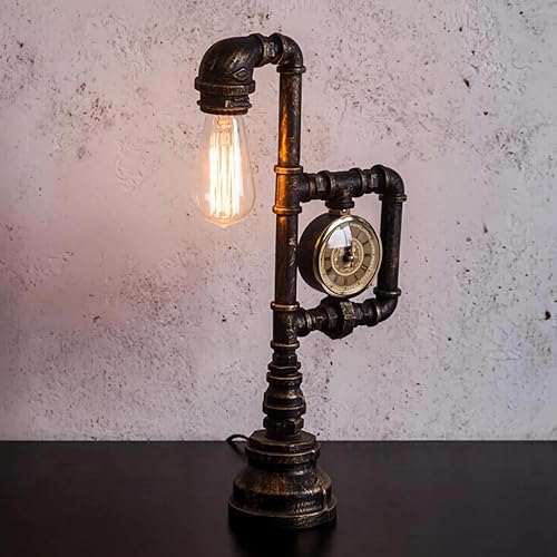 Miniatura 2 de Lámpara de mesa Steampunk, lámpara de mesa creativa de tubo de agua con reloj, lámpara de escritorio de lectura industrial vintage de metal para