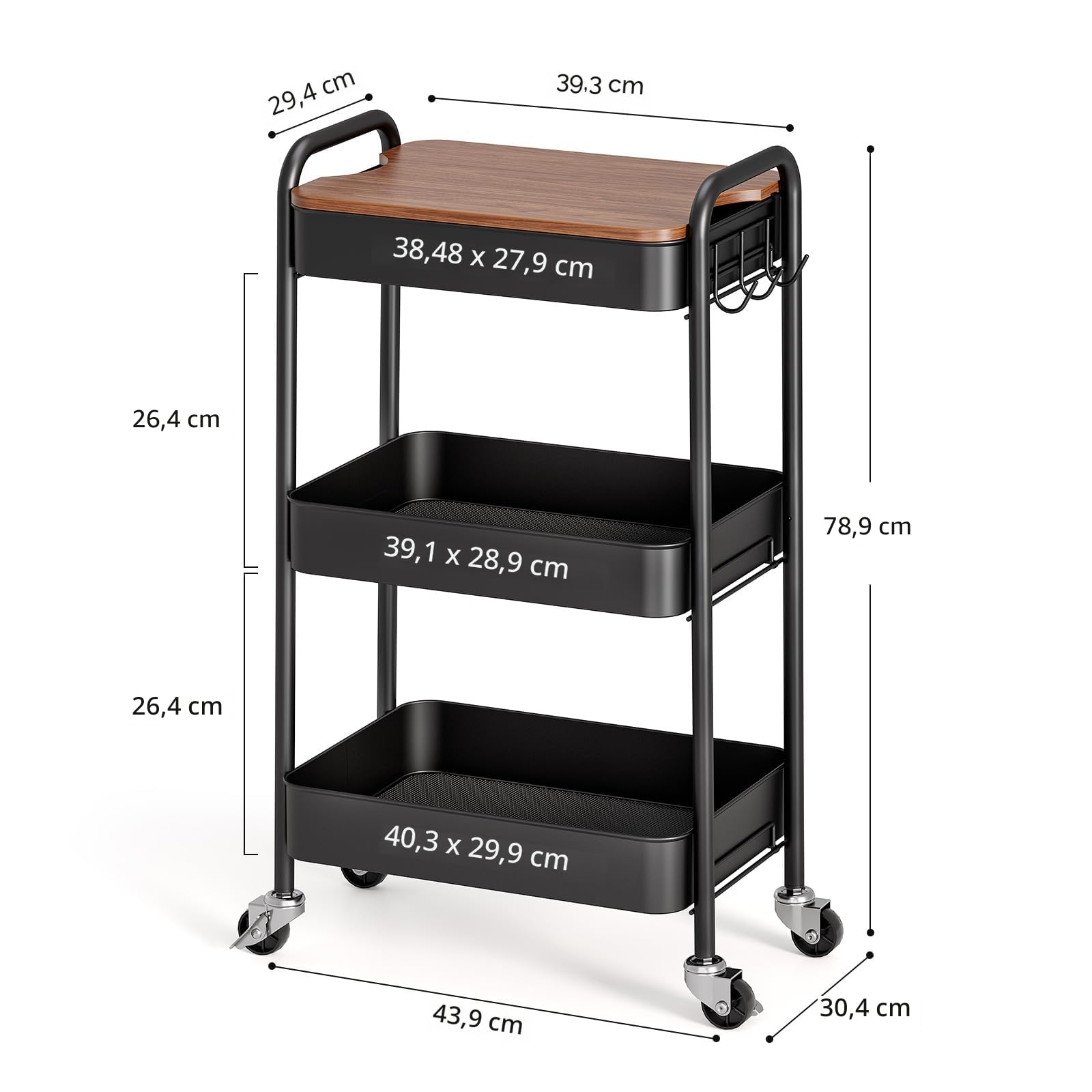 KINGRACK Rollwagen mit 3 Ebenen, Metallwagen mit abnehmbarem Holztablett, Aufbewahrung, Kunstwagen, Trolley, Organizer, Servierwagen, einfache Montage