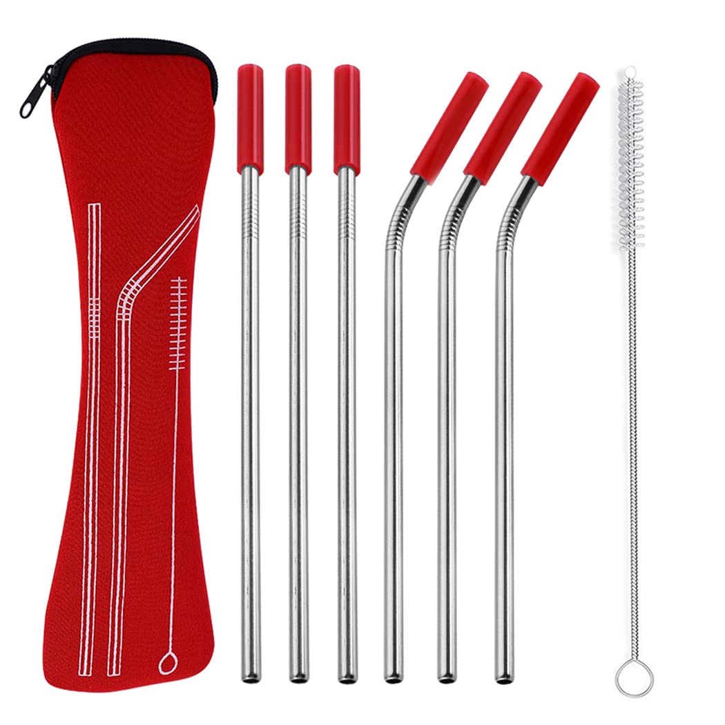 Hoshen Juego De 7 Popotes De Acero Inoxidable Reutilizables De 8.5 Pulgadas Con Punta De Silicona Antiarañazos, Juego De Huesos (3 Rectos/3 Curvos/1 Cepillo/6 Bocas De Silicona), Color Naranja