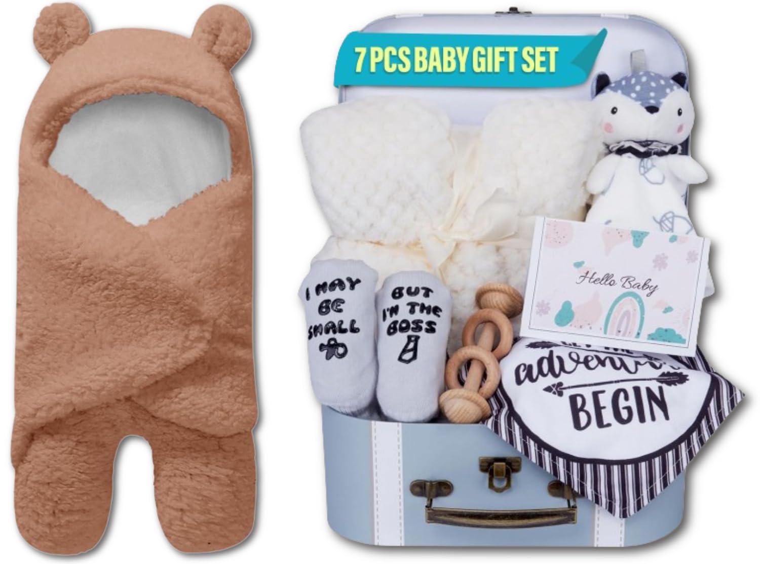 Set Bundle | Cute with Swaddle Blanket, Newborn Blanket, Security Blanket, Wooden Rattle Toy, Baby Bib and Socks, Greeting Card | Ideal for Infants 0-12 Months
