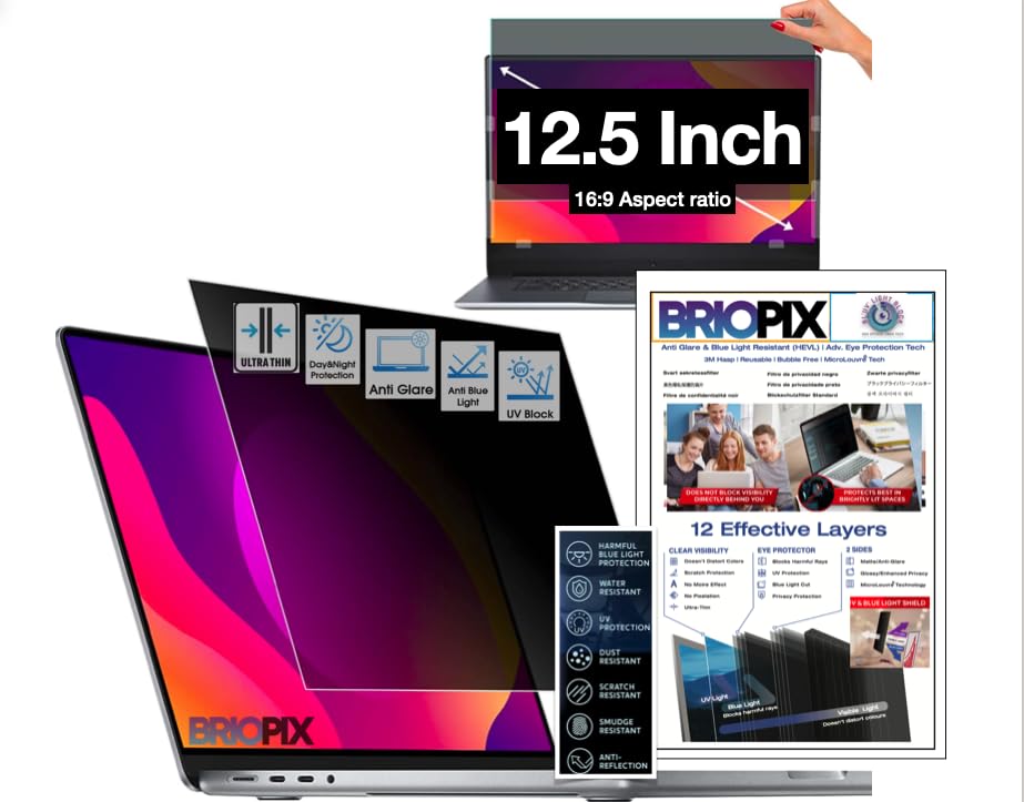 BrioPix 12.5 Inch Privacy Screen Filter - No Eye Strain | Anti Blue Light + Anti Glare | No Dry Eyes| Privacy Screen Protector for 12.5 (B09WLBWJWQ) Amazon Price History, Amazon Price Tracker