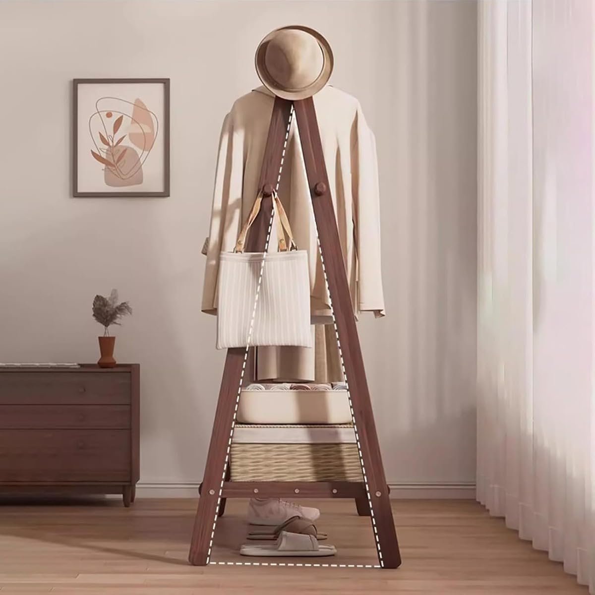 Perchero de Madera Maciza Plegable Grande, Perchero de Pie con Estante De Almacenamiento, 4 Ganchos, para Dormitorio Pequeño Apartamento Cuarto de Invitados Laundr, Haya Natural