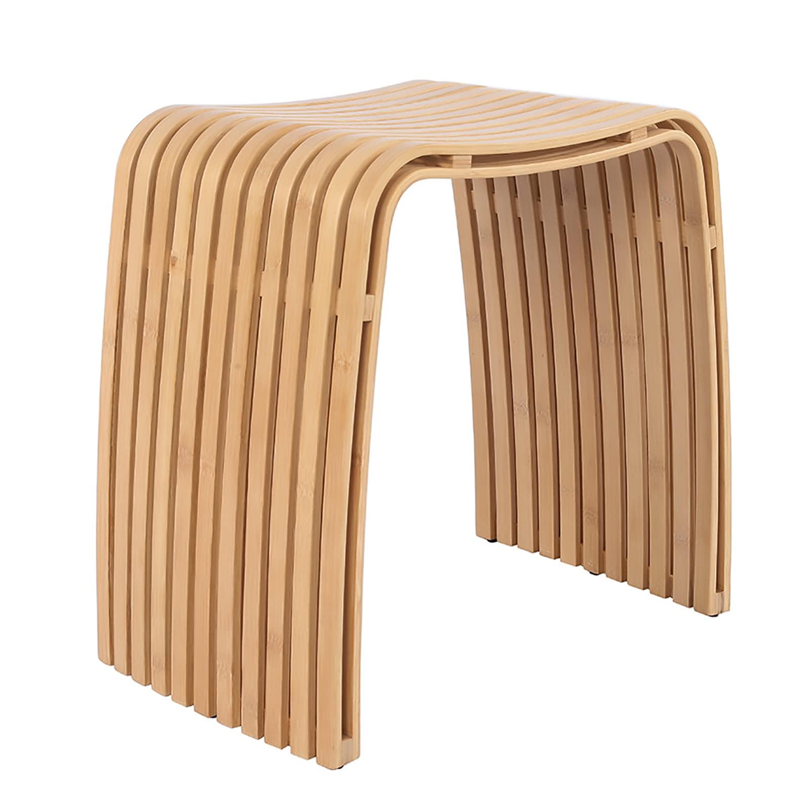 Sólido Taburete de Entrada de Madera, Bambú Natural Curvado de 2 Niveles, Elegante Reposapiés en Diseño Escandinavo, Asiento Ligero y Resistente, Taburete de Tocador para Baño, Dormitorio Salón