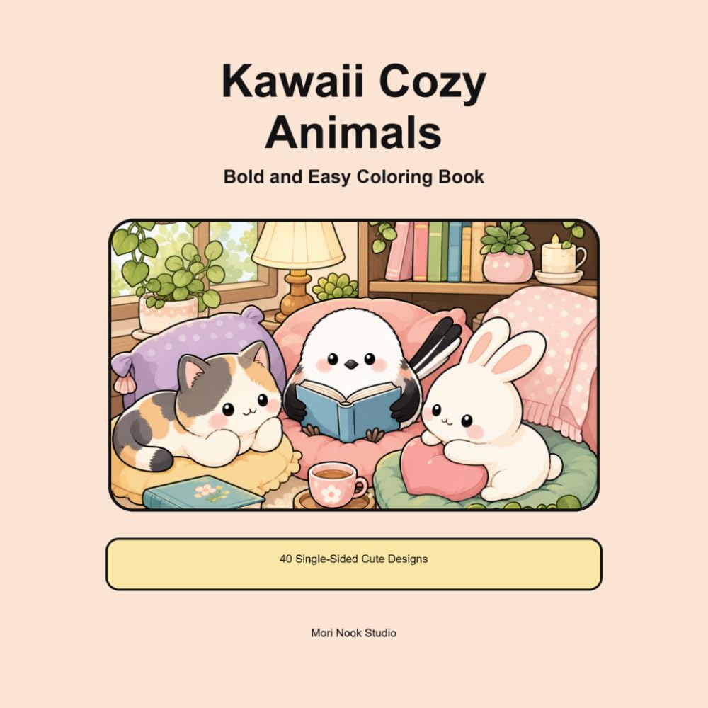 Kawaii Cozy Animals: Bold and Easy Coloring Book