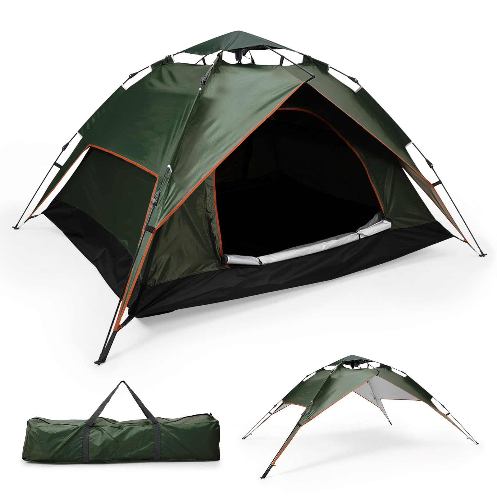 Warmiehomy Pop Up Tent, 2-3 Man Tent Double Layer Camping Tent Pop Up with Detachable Outer Fabric, Automatic Waterproof Dome Tent for Camping, Hiking, Backpacking, Picnic, Green