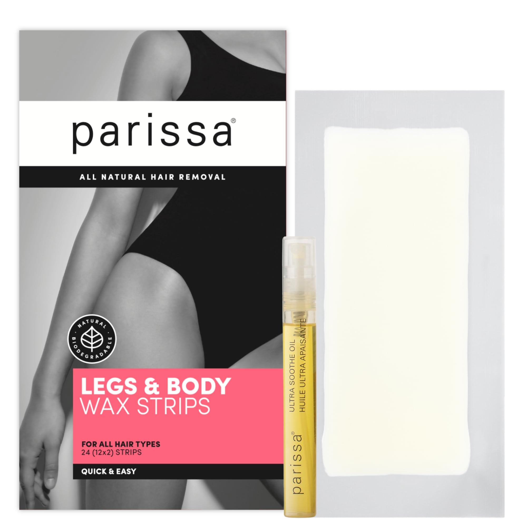 Parissa Legs & Body Biodegradable Wax Strips Kit | Ready-to-Use Large Wax Strips for At-Home Hair Removal, Suitable for All Hair Types | Includes Post-Wax Ultra Soothe Oil | 24 Strips (12 x 2)