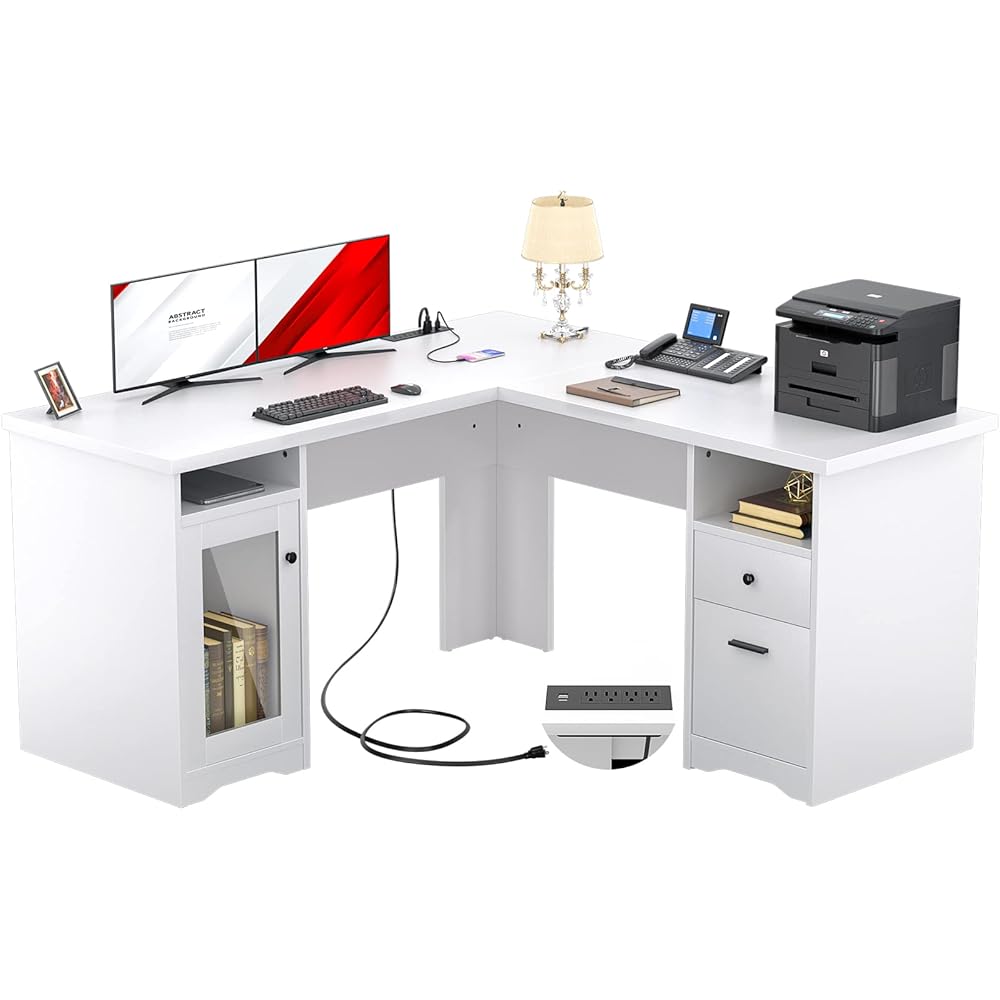 32/mo Finance Unikito L Shaped Desk with Drawers, Corner Computer Table with Power Outlets