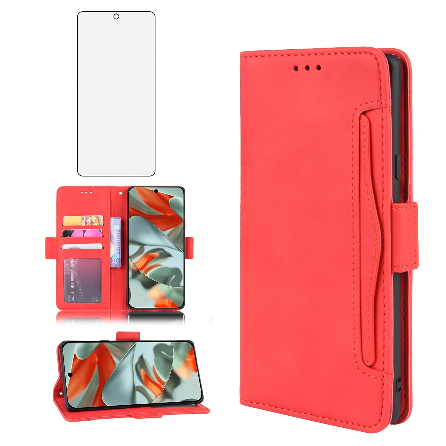 Asuwish Compatible with Google Pixel 9 Pro XL Wallet Case and Tempered Glass Screen Protector Card Holder Stand Leather Flip Cell Accessories Phone Cover for Pixel9 9Pro 9ProXL Nine Women Men Red