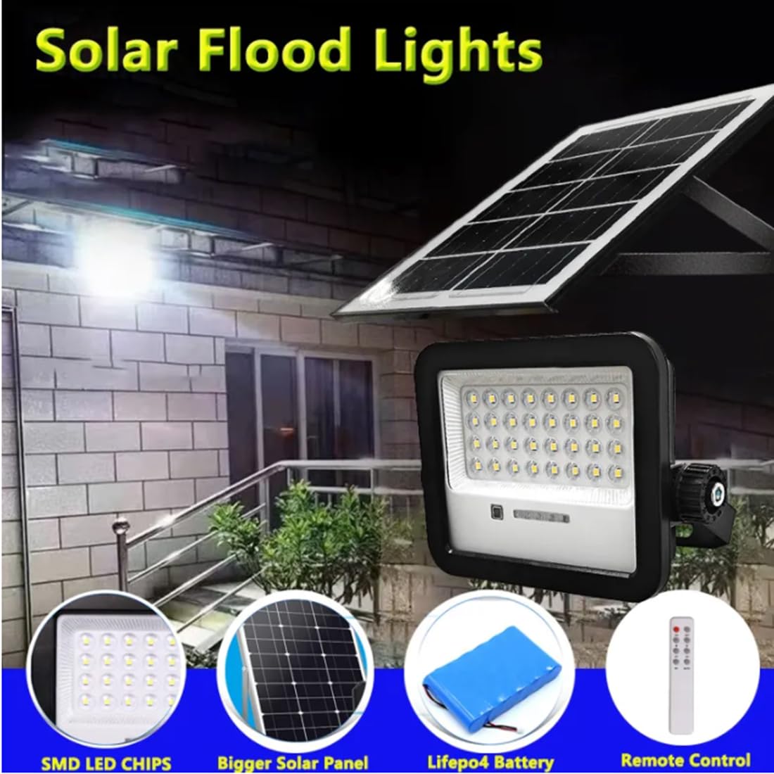 Anern 6500K 50 W Zewnętrzny reflektor solarny 700 lm z pilotem zdalnego sterowania, 5000 mAh, 32 diody LED, zewnętrzna lampa solarna, IP65, wodoodporne oświetlenie słoneczne do ogrodu, garażu, zniżki