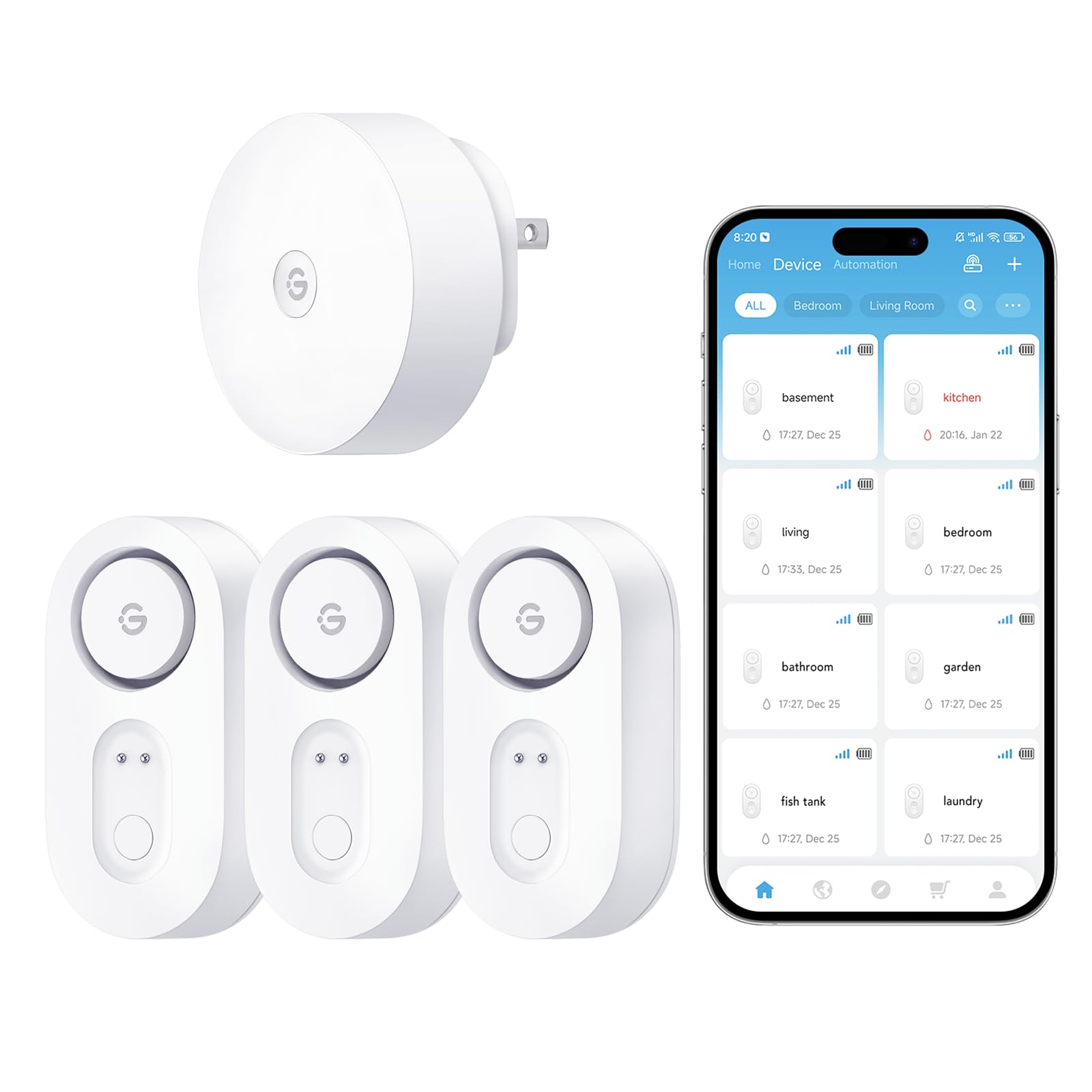 GoveeLife Upgraded Smart Water Leak Detector 1s with 1804ft Ultra-Long Range, WiFi Water Sensor with SMS/Email/APP Push and Sound Alarm,5-Year Battery Life, 3 Pack, Suit for Home, Basement, Kitchen
