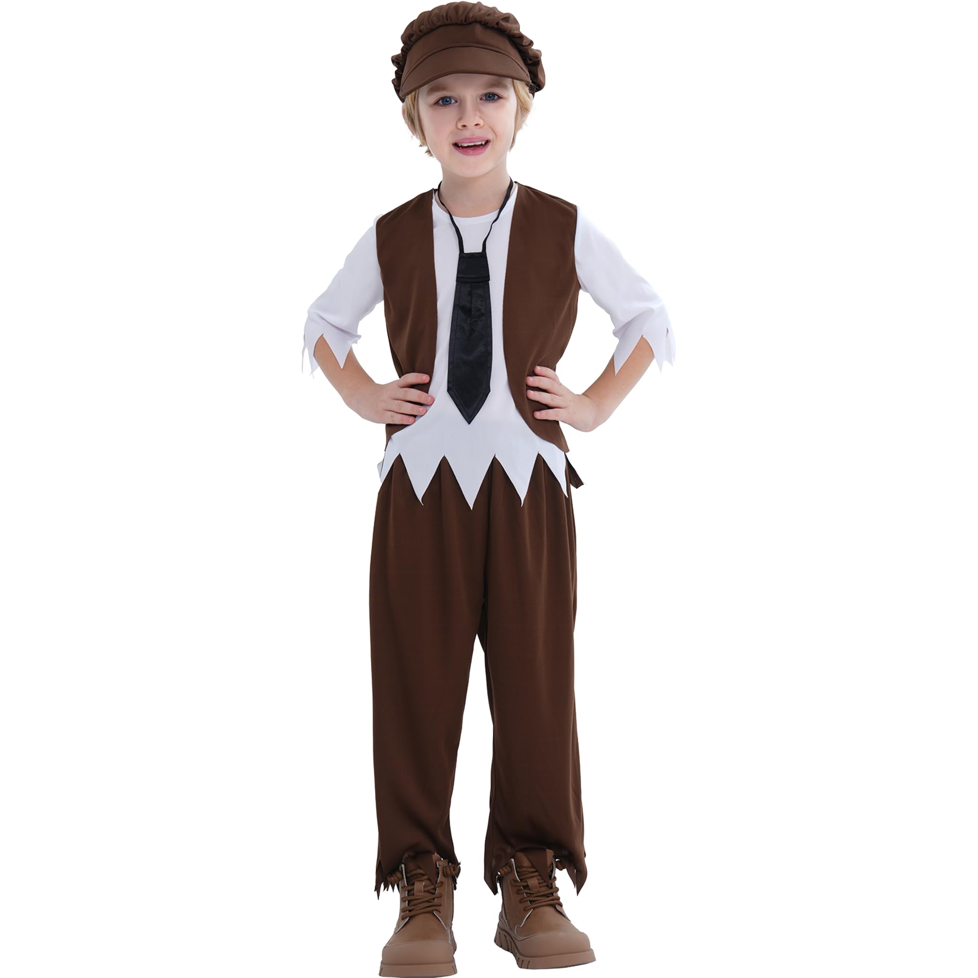 Wizland 4pcs Boys Victorian Costume Set including Hat & Tie,Kids Oliver Twist Fancy Dress Up for World Book Day&School Play Outfit 3-4 years(Brown)