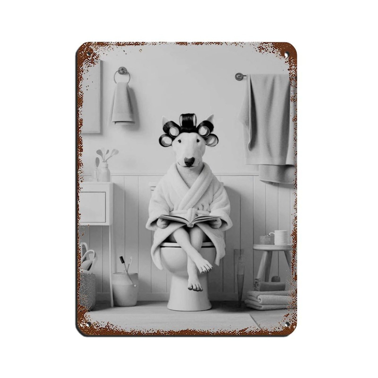Bull Terrier Dog in Bathroom Art Tin Sign Vintage Metal Pub Club Cafe Bar Home Wall Art Decoration Poster Retro 12x16inch(30x40cm)