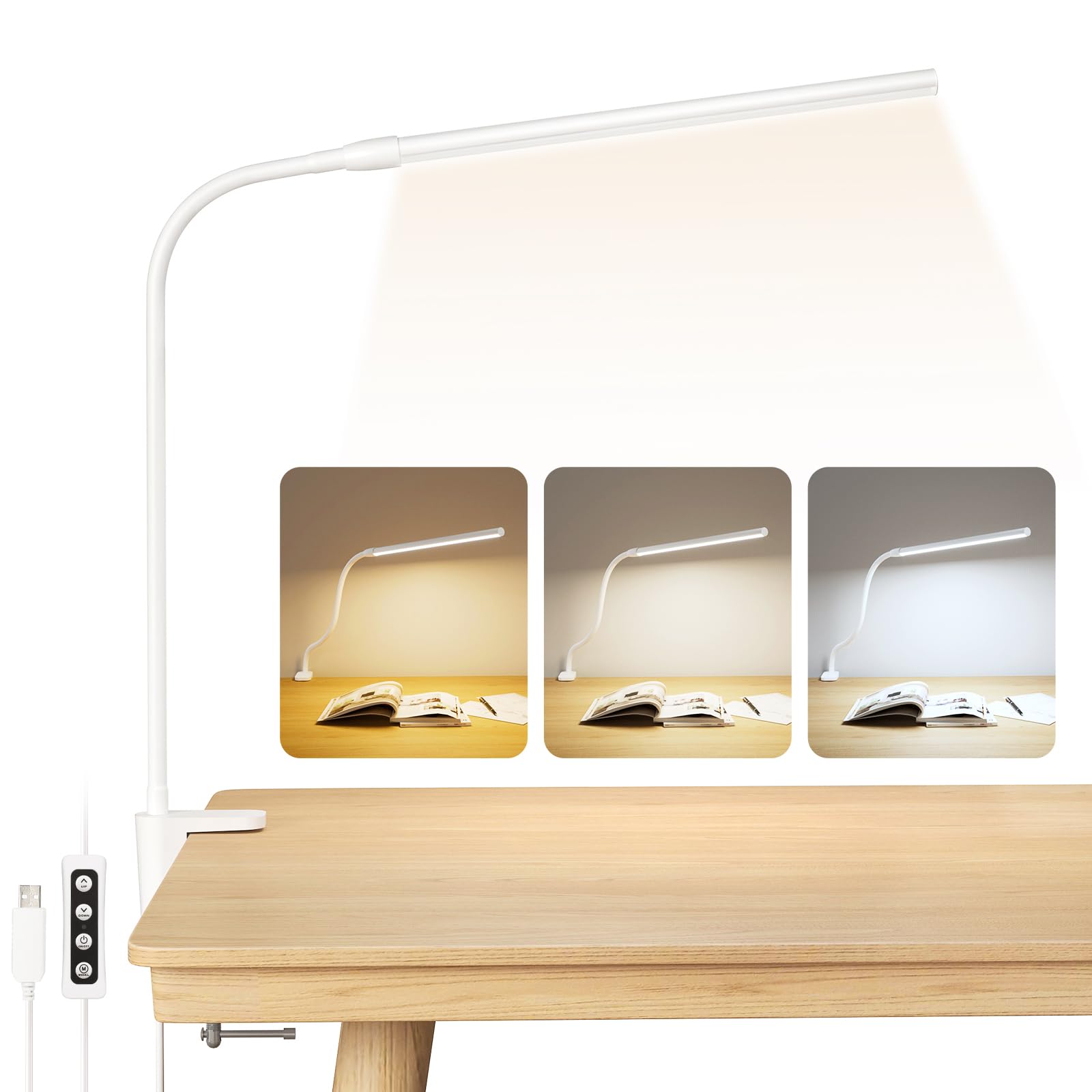 Lepro LED Schreibtischlampe Klemmbar, Tischlampe Architektenlampe mit Schwenkarm, Augenschutz Klemmleuchte USB, 3 Farben & 10 Helligkeitsstufen Dimmbar Tischleuchte für Büro, Weiß