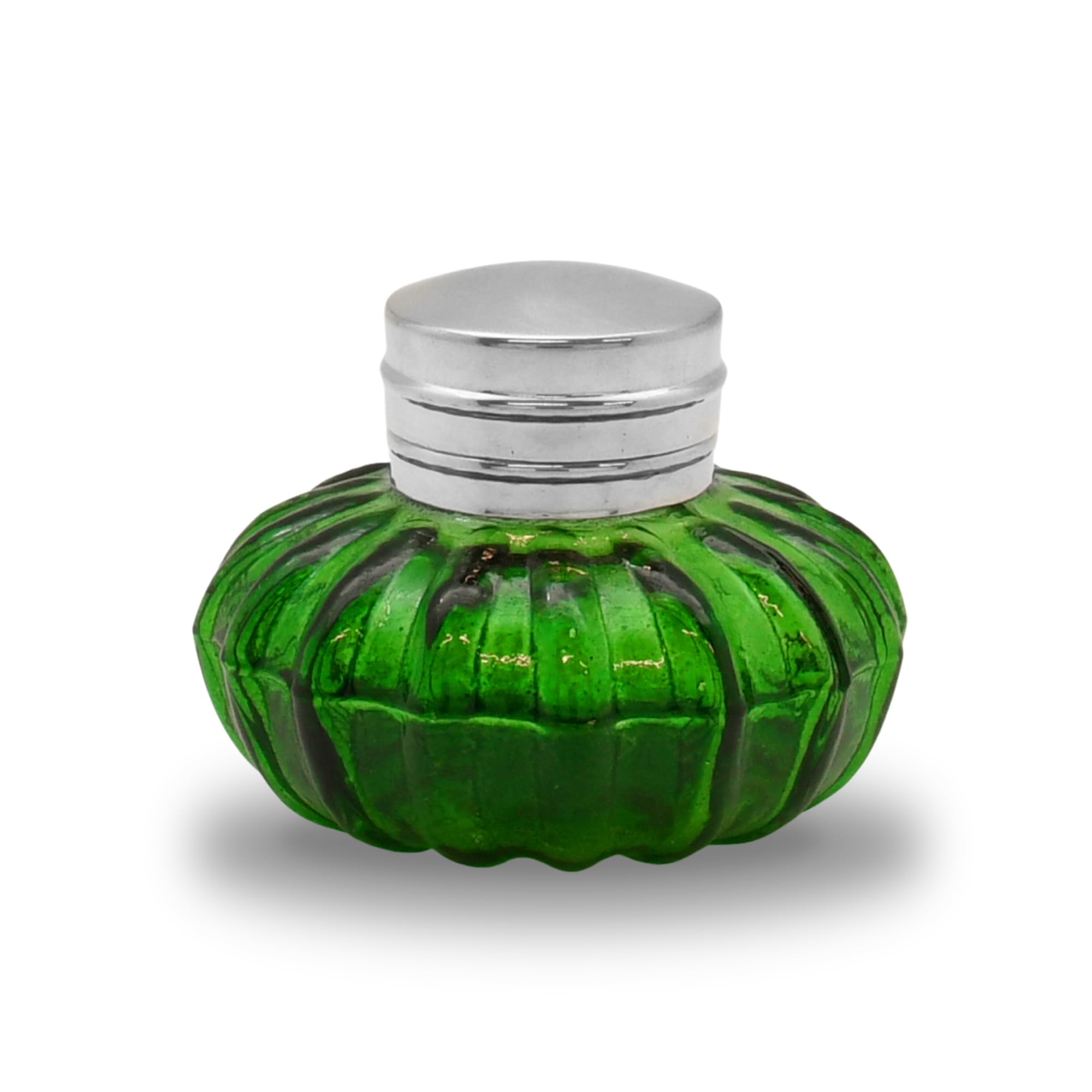 Treasure Gurus Antique Vintage Reproduction Silver Top Dark Green Glass Inkwell