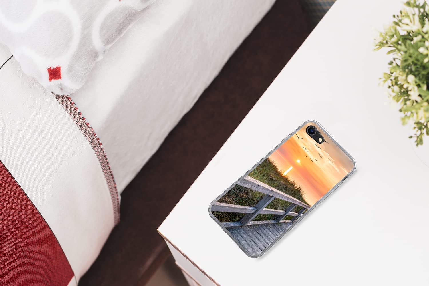 MuchoWow Funda para iPhone 7 - Puesta de Sol - Mar - Camino - Hierba - Duna - Pájaros - Funda de Silicona/Funda Blanda para teléfono móvil