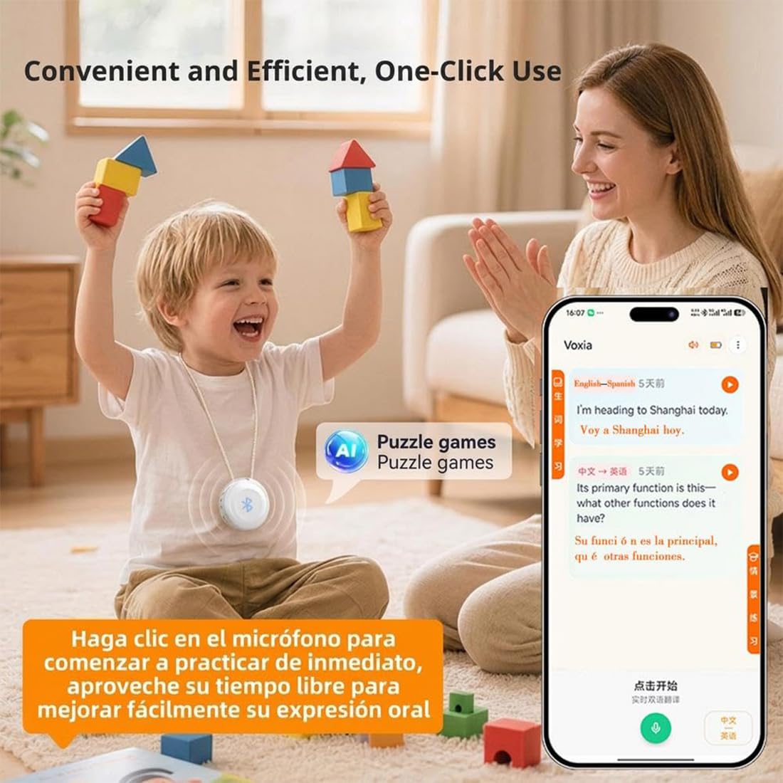 Compañero de IA para practicar idiomas en tiempo real, dispositivo traductor portátil de español, traductor de idiomas con IA 165 idiomas para practicar pronunciación, gramática y conversación (1pc)