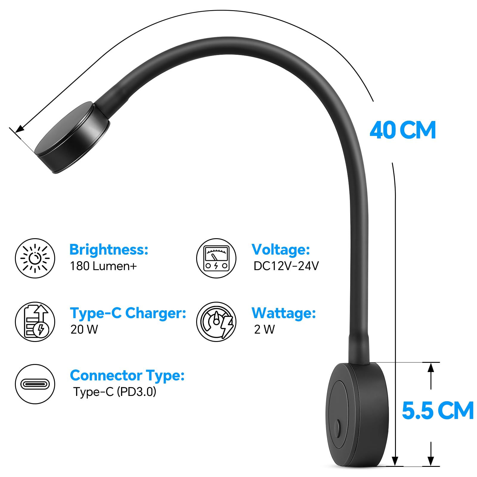 acegoo Lampada da lettura da parete LED 12v luce barca camper, dimmerabile collo di cigno flessibile DC12-24V comodino con interruttore dimmer e caricatore Type-C per cabina roulotte nero (2 pcs)