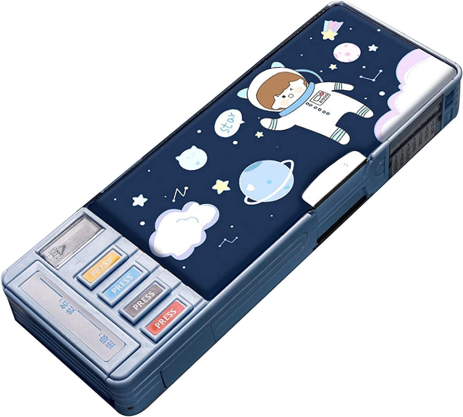 Plastic Multifunctional Cute School Pencil Box for Girls, Space Compass Box for Boys, Aesthetic Stationary Items, Magnetic Pencil Box (Random Color) (Space), Blue