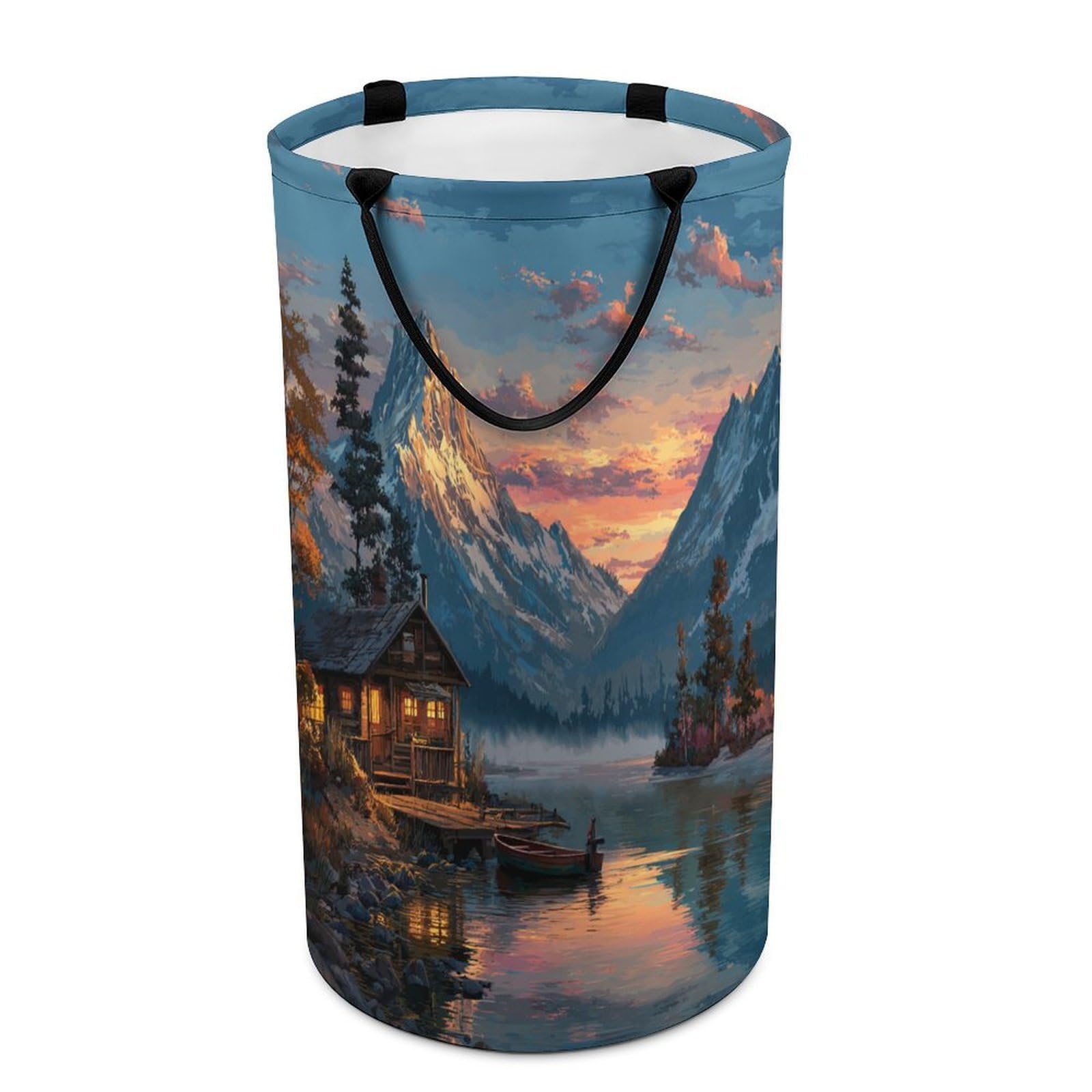 LUYYSKY Rustic Abstract Log Cabin Collapsible Dirty Clothes Basket, Classic Natural Sunset Lanscape Mountain Lake Barn Pattern Portable Clothes Storage Basket
