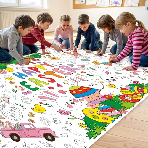Image of Giant Easter Coloring Tablecloth, 54 inch x 108 inch Easter Crafts Table Cloth, Coloring Tablecloth Disposable for Crafts Party Decorations, Rectangular Painting Poster Banner Art Activities with Bunny Eggs