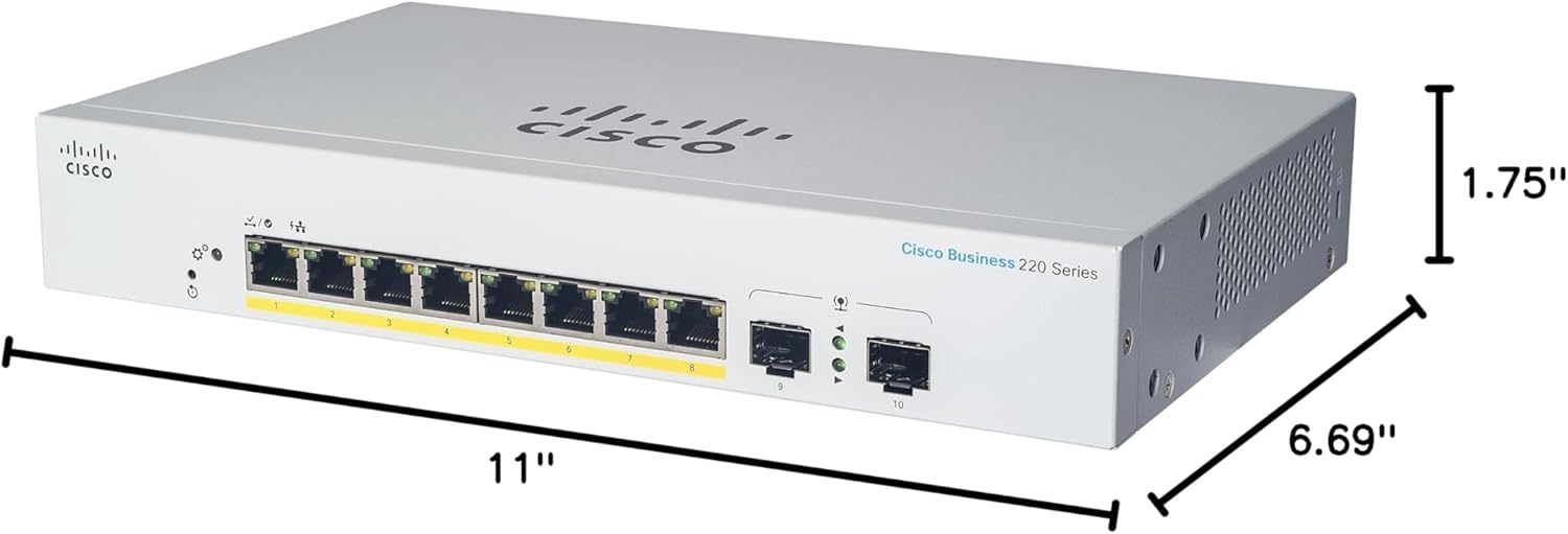 Cisco Business CBS220-8T-E-2G Smart Switch with dimensions