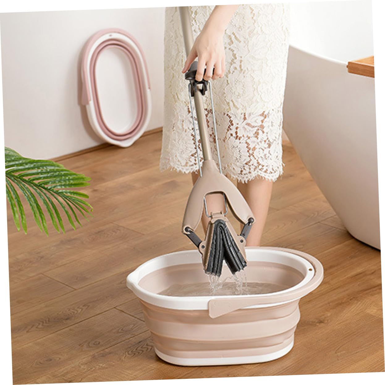Secchio Pieghevole per Straccio in Plastica Pp Beige, Portatile | Piastrelle e Parquet, Secchio Lavabile a Uso Aziendale, Accessorio per Pulizia Pavimenti