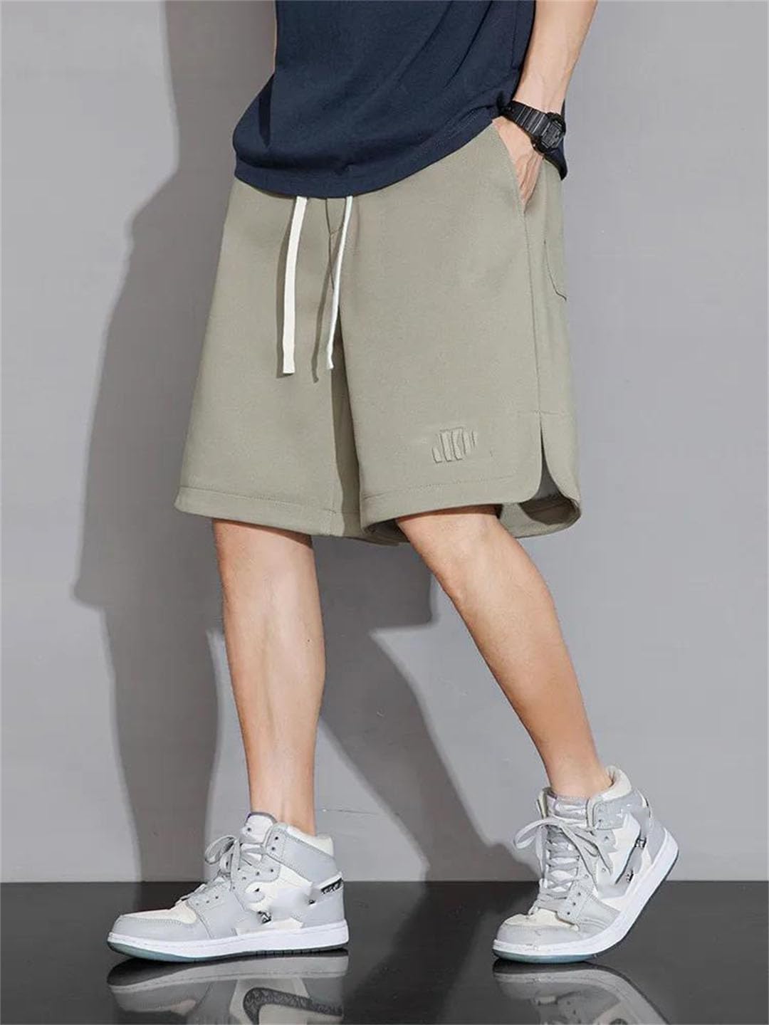 Men Summer Knee Length Straight Loose Drawstring Knitted Sweat Casual Big Size Shorts