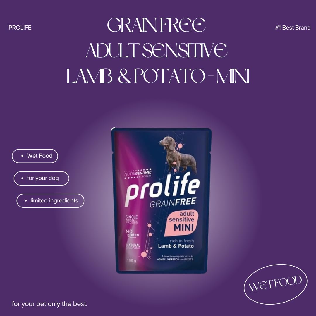 PROLIFE Cane Grain Free Adult Sensitive Lamb & Potato - Mini | alimento umido completo per cani adulti sensibili di taglia piccola, prodotto senza cereali, 20 bustine da 100 grammi.