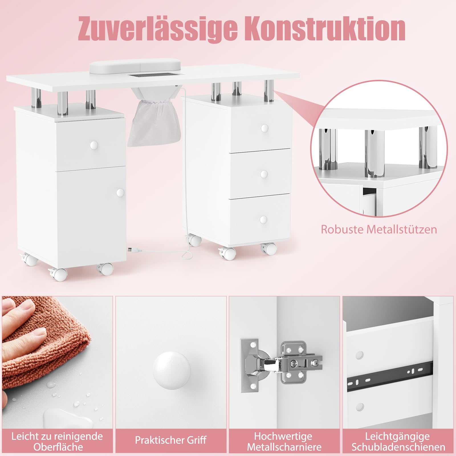 DREAMADE Manikürtisch, Nageltisch mit Staubabsaugung & 3 Staubbeuteln, Nagelstudio Tisch mit Handauflage, Schubladen, Schrank, Maniküre Tisch auf Rollen für Zuhause, Studio, Schönheitssalon (Weiß)