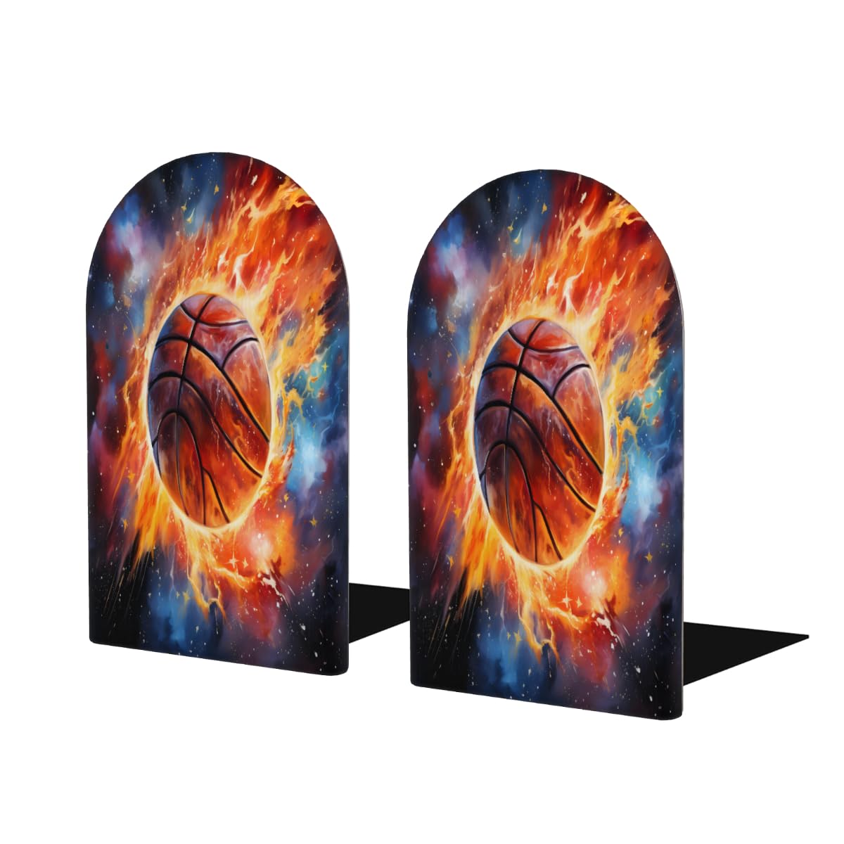 (2 PCS/1 Pairs) Wood Bookends Basketball Fire Decorative Wood Bookends for Student School Shelves Kids Room Desk Home Office Book Stoppers for Holiding Books 5x3 Inch