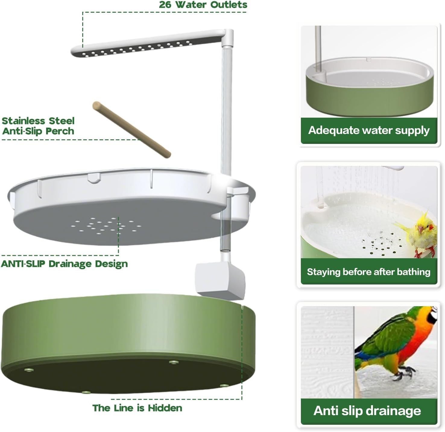 Vogeldusche Wellensittiche, Automatische Vogelbad mit USB Pumpe, Leise Vogel Dusche mit Wasserfall, Vogelbadewanne für Sittiche, Nymphensittiche und kleine Papageien, Grün