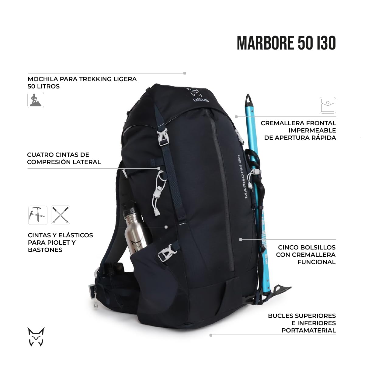 MARBORE 50 I30 Mochila Ligera 50 Litros Recorridos Técnicos, Antracita, Talla U