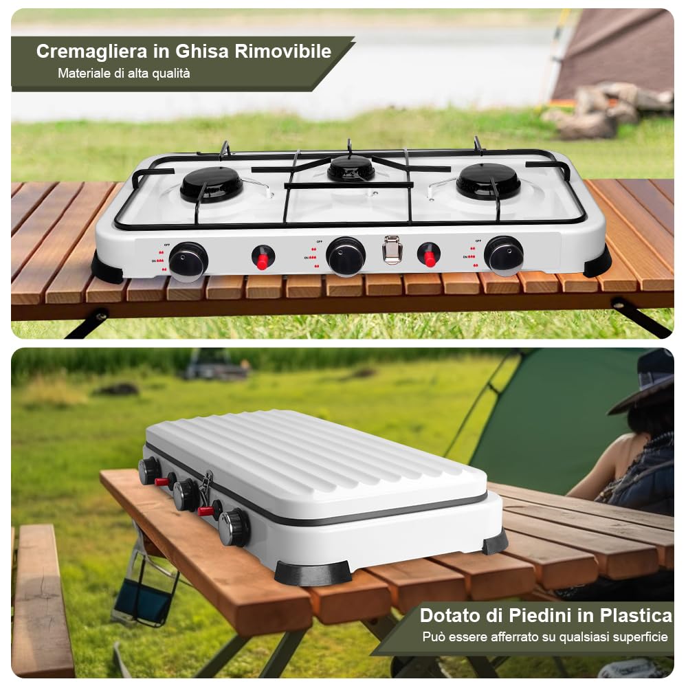 Fornello da Campeggio a Gas 3 Fuochi, 5,4 kW Cucina a Gas-GPL Portatile con Accensione Piezoelettrica, Coperchio Antivento, Fornelli da Campeggio per Camper, Gite all'Aperto ed Escursioni