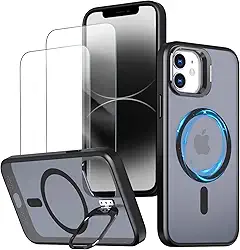 Capa magnética para iPhone 12 e 12 Pro Capinha - Inclui 2 protetores de tela [Suporte para celular] [Compatível com carregamento sem fio] Case Skin-touch para iPhone 12 e 12 Pro - Preto