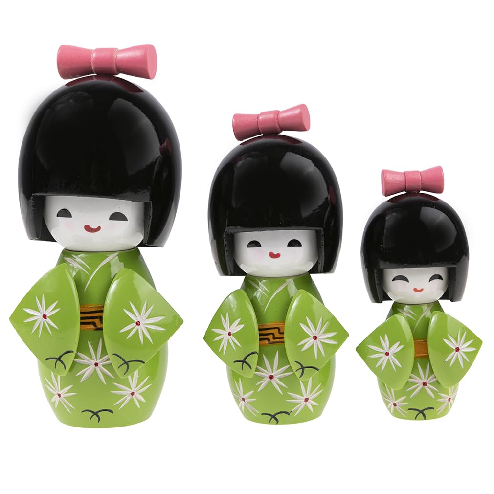 lachineuse - Trio Kokeshi giapponesi - Bambole giapponesi in legno - Kimono verde e fiori di ciliegio - Statuine decorative giapponesi - Idea regalo originale per decorazioni asiatiche