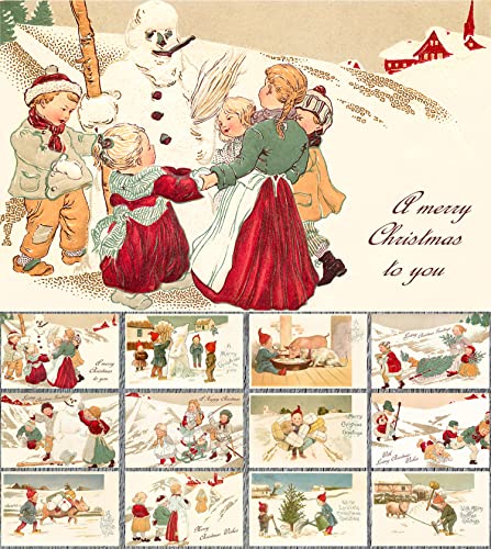 Image of PIXILUV SNOWY CHRISTMAS (Pack of 12) Notecards Small Greeting Cards # Snowy White Christmas with Family ~ Vintage Christmas Postcards Reprint