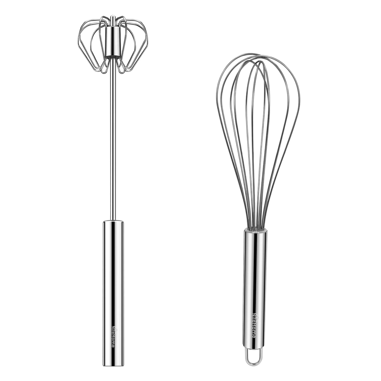 NileHome Stainless Steel Whisk Set 8" Hand Blender + 10" semi-Automatic Rotary Kitchen Whisk Balloon Whisk Kitchen Wisk Wire Whisks for Cooking, Whisking, Blending, Beating, Stirring- 2 Pack...
