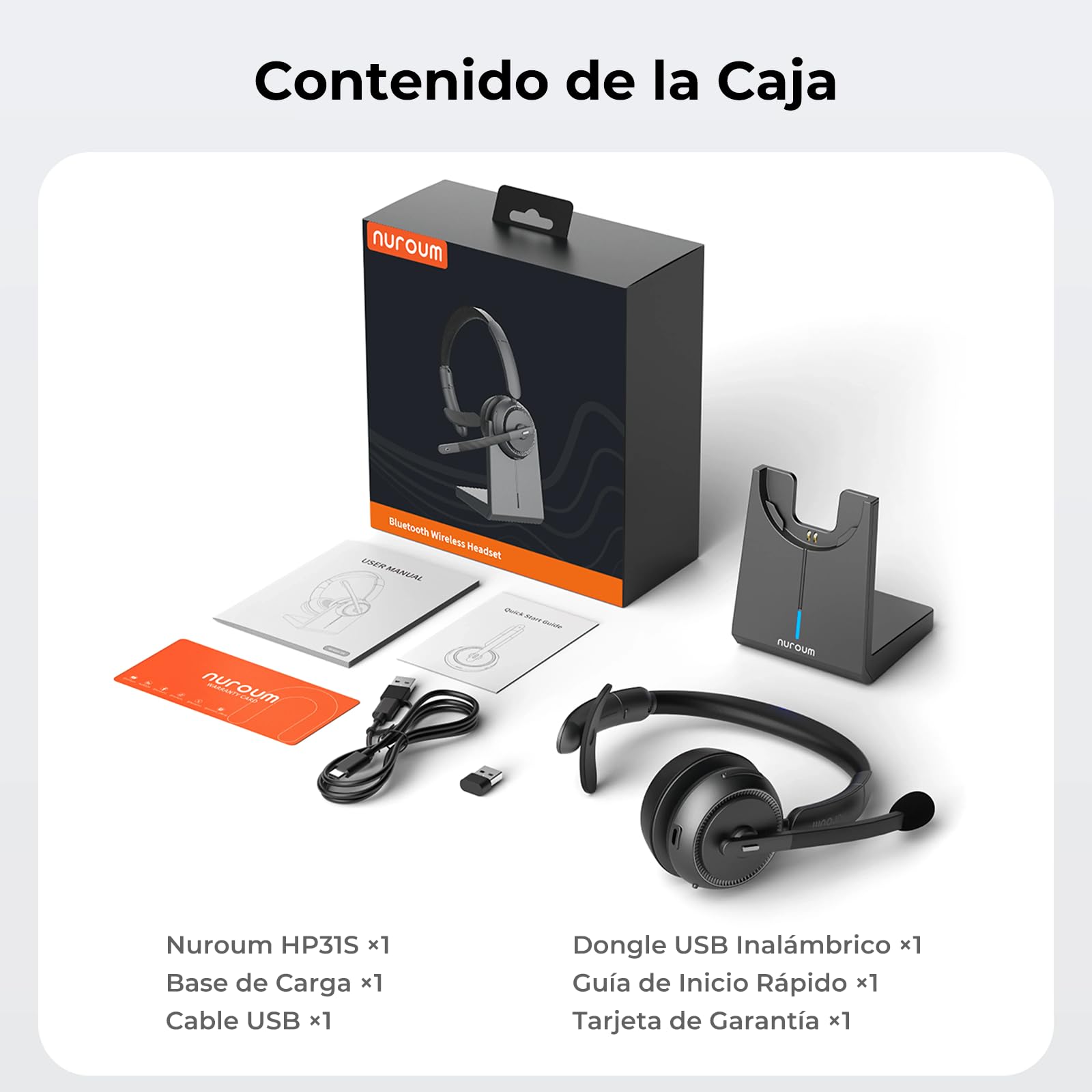 Nuroum HP31S 2026 Auriculares Bluetooth Inalámbricos con Micrófono para PC, Base de Carga,USB Dongle/V5.4, Modo Silencio, 45H Duración,Cascos con AI Micrófono Cancelación para CallCenter/Teams/Oficina