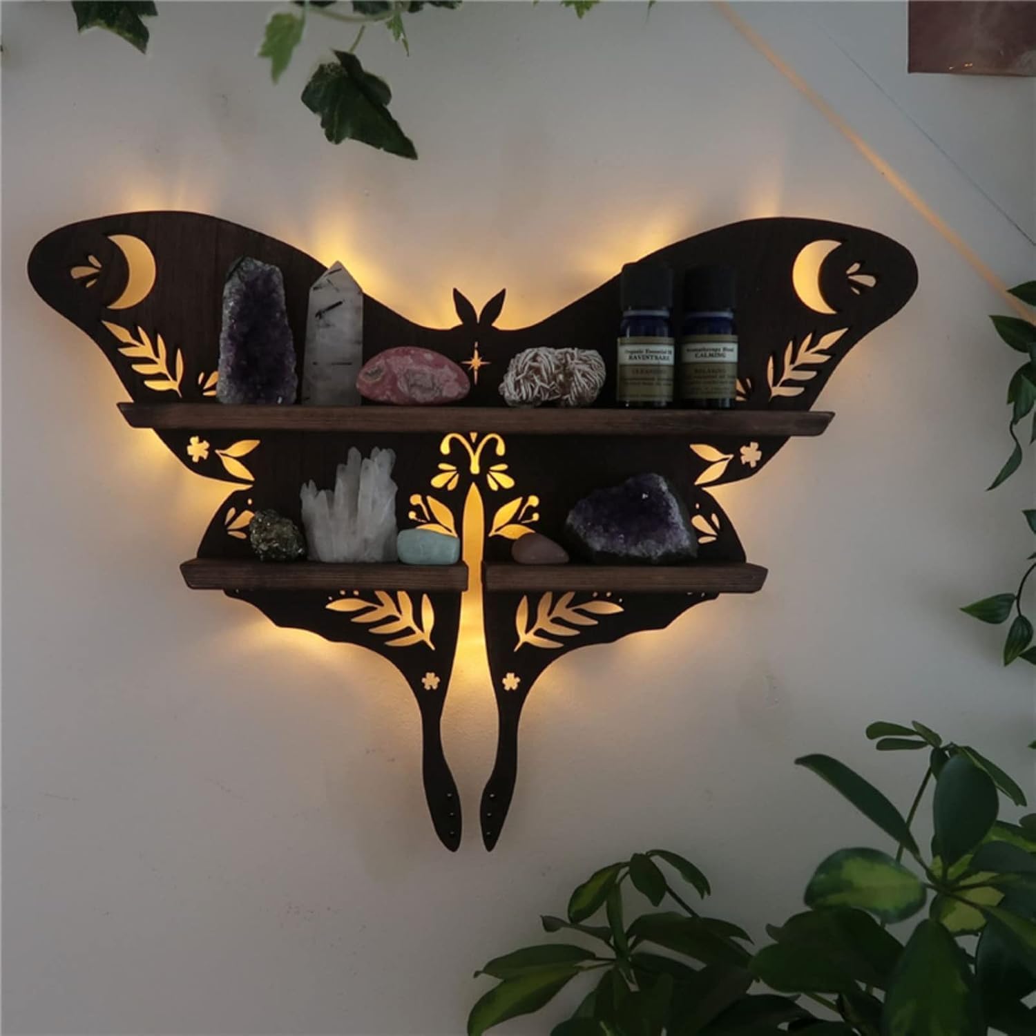 HBSGS Crystal Display Shelf Wall Shelf Cat Moon Shelves Moth Hamsa Hand Holder Floating Wall Mounted Decorative Crystal Wall Shelf (Luna Moth-38.5 *
