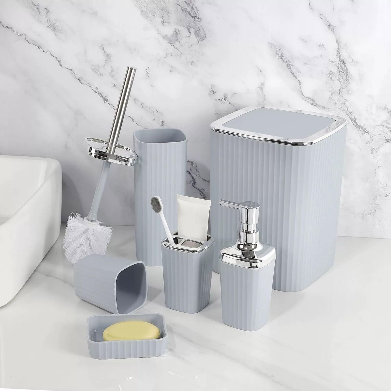 Juego de accesorios de baño, 6 piezas, dispensador de champú hidráulico, soporte para cepillo de dientes, taza de boca y soporte para cepillo de dientes