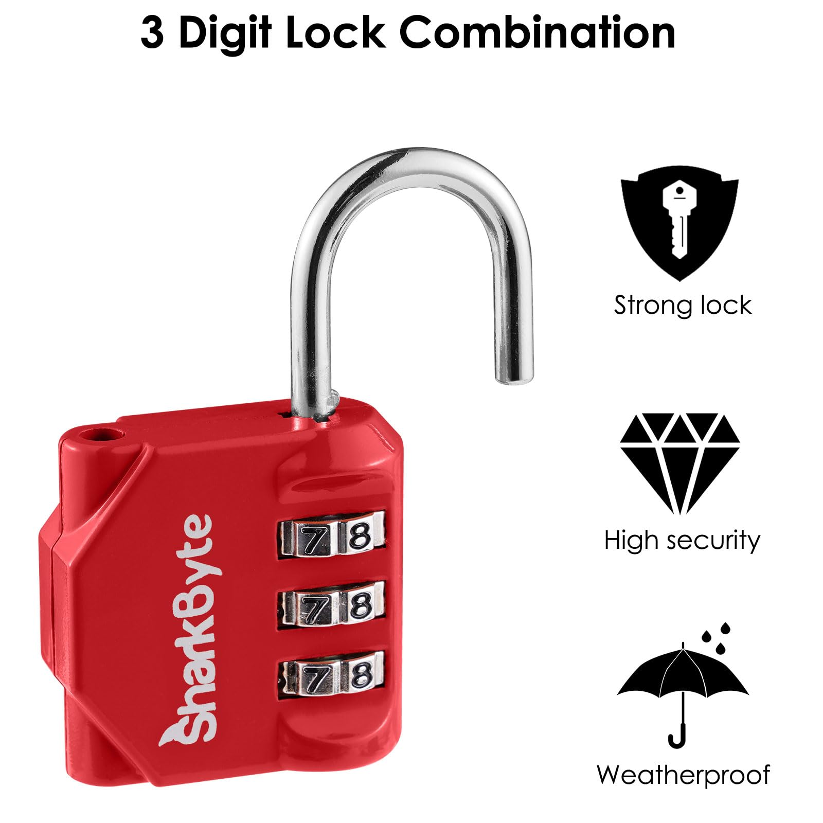 SharkByte Confezione da 3 lucchetti piccoli per bagagli, con combinazione a 3 cifre, resistenti alle intemperie, per valigie, borse da viaggio, armadietti da palestra, biciclette e serratura