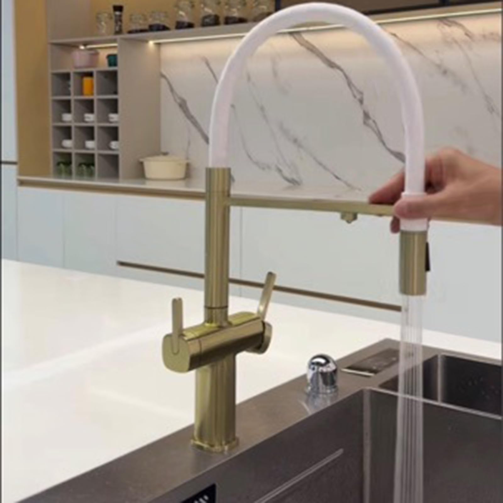 Grifo Cocina 3 Vias Osmosis Extraible Oro Cepillado Grifo Cocina Flexible Latón-Oro Cepillado