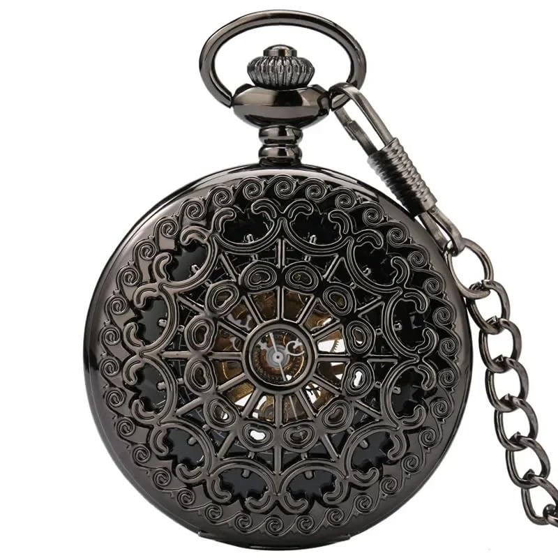 Reloj de Bolsillo mecánico Antiguo Cuerda Manual, Negro, Hueco, Lujo, con números Romanos, Cadena Fob, Colgante, Regalo