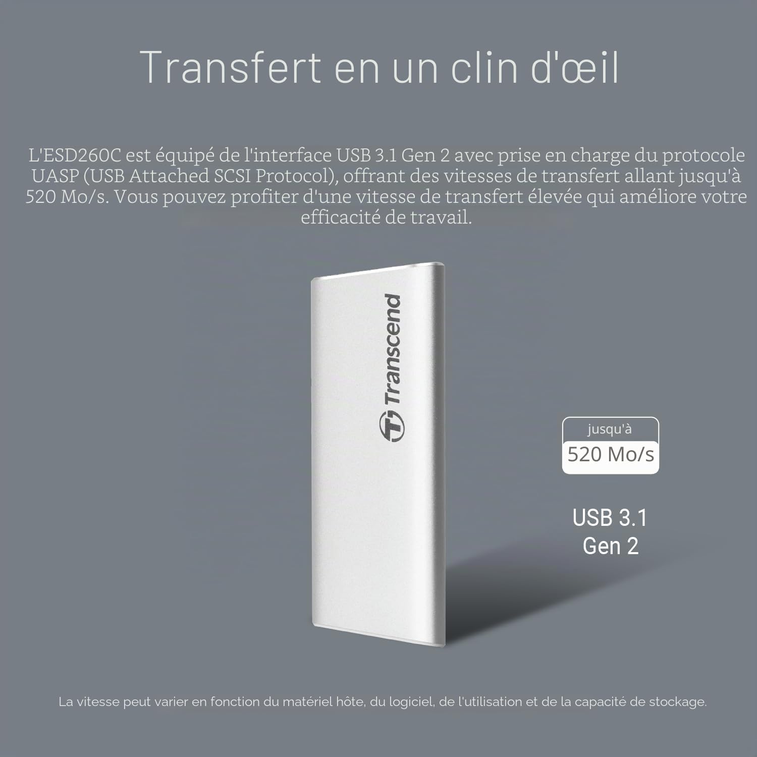 Transcend 250Go ESD260C SSD Portable, 520Mo/s, Aluminium, USB-C, Argent