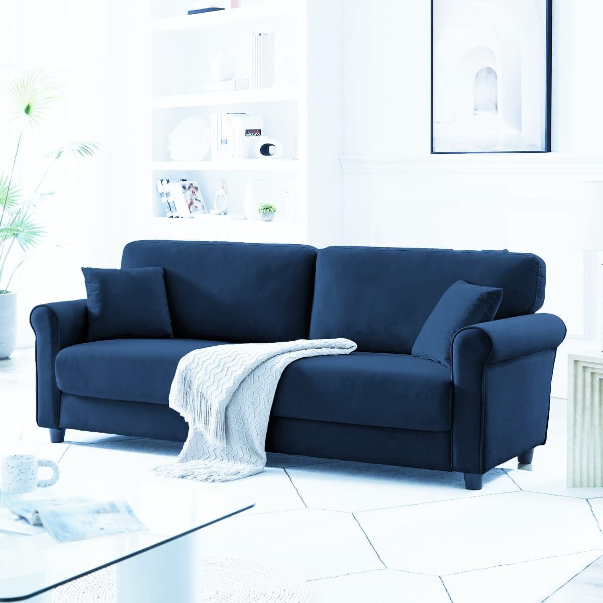 CERTIFIED FURNITURES� Modern 3 Seater Velvet Sofa Couch for Living Room | Comfortable Fiberfill Cushions, Rolled Armrest, Stylish Upholstered Sofa for Home & Office (Blue)