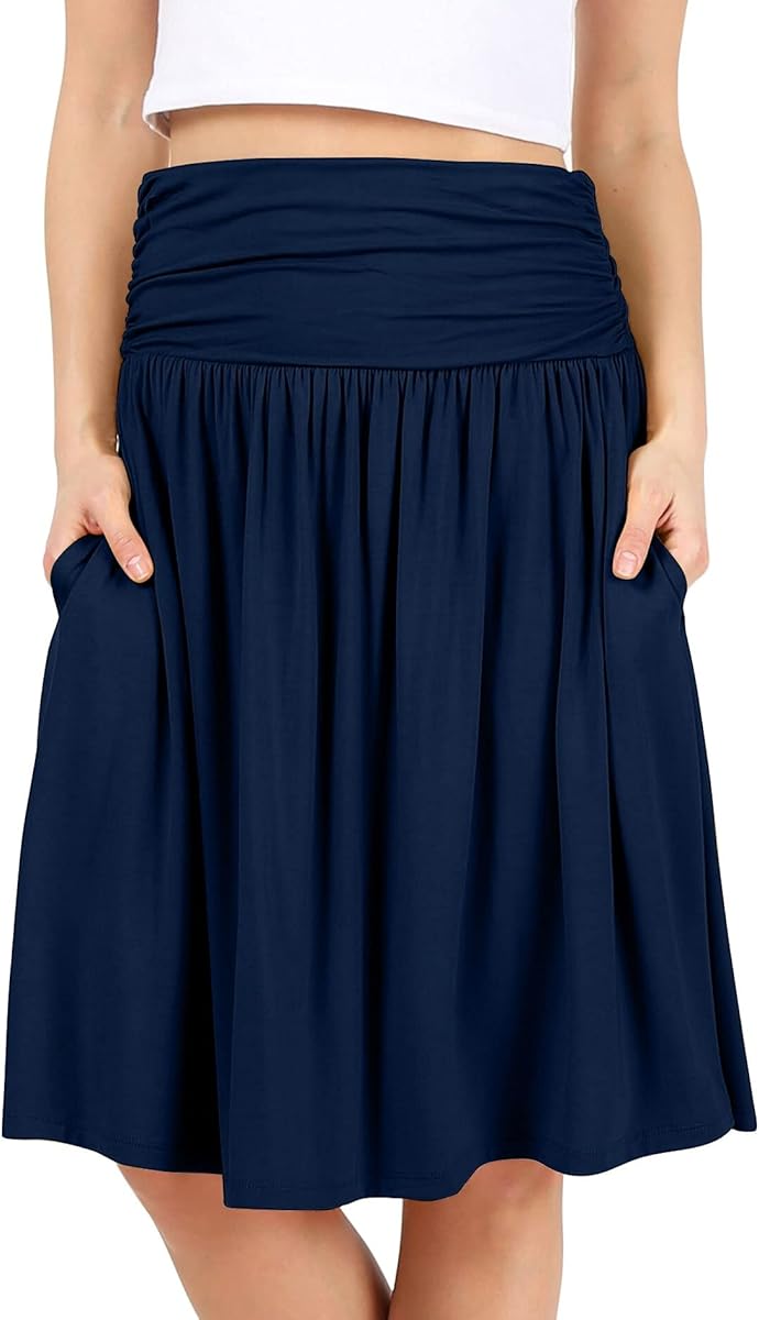 Navy Skirts for Women Knee Length a Line Skirt with Side Pockets High Waisted Flowy Womens Navy Blue Skirts (Size Medium, Navy Midnight)