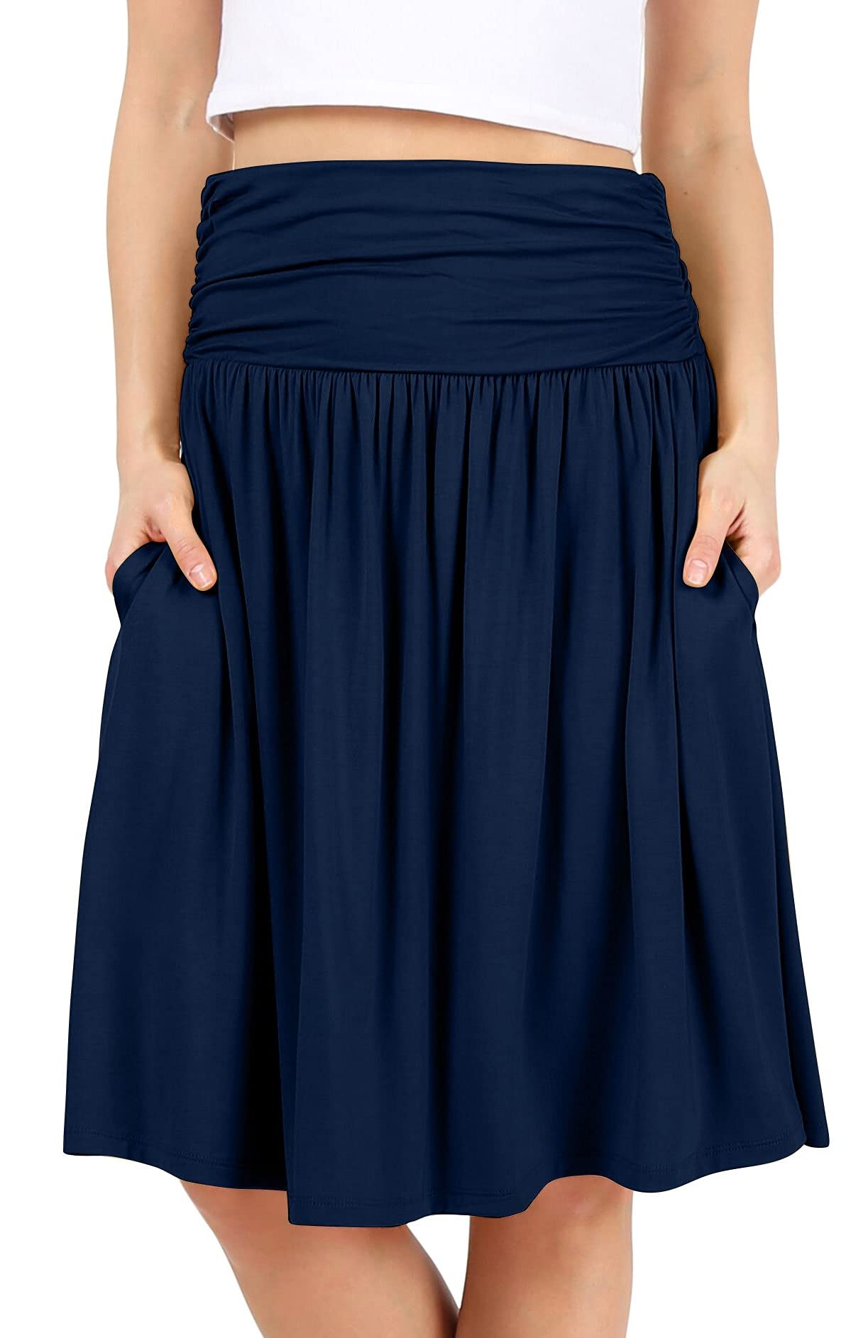 Simlu Skirts for Women Regular and Plus Size Skirt with Pockets Below The Knee Length Ruched Flowy Midi Skirt
