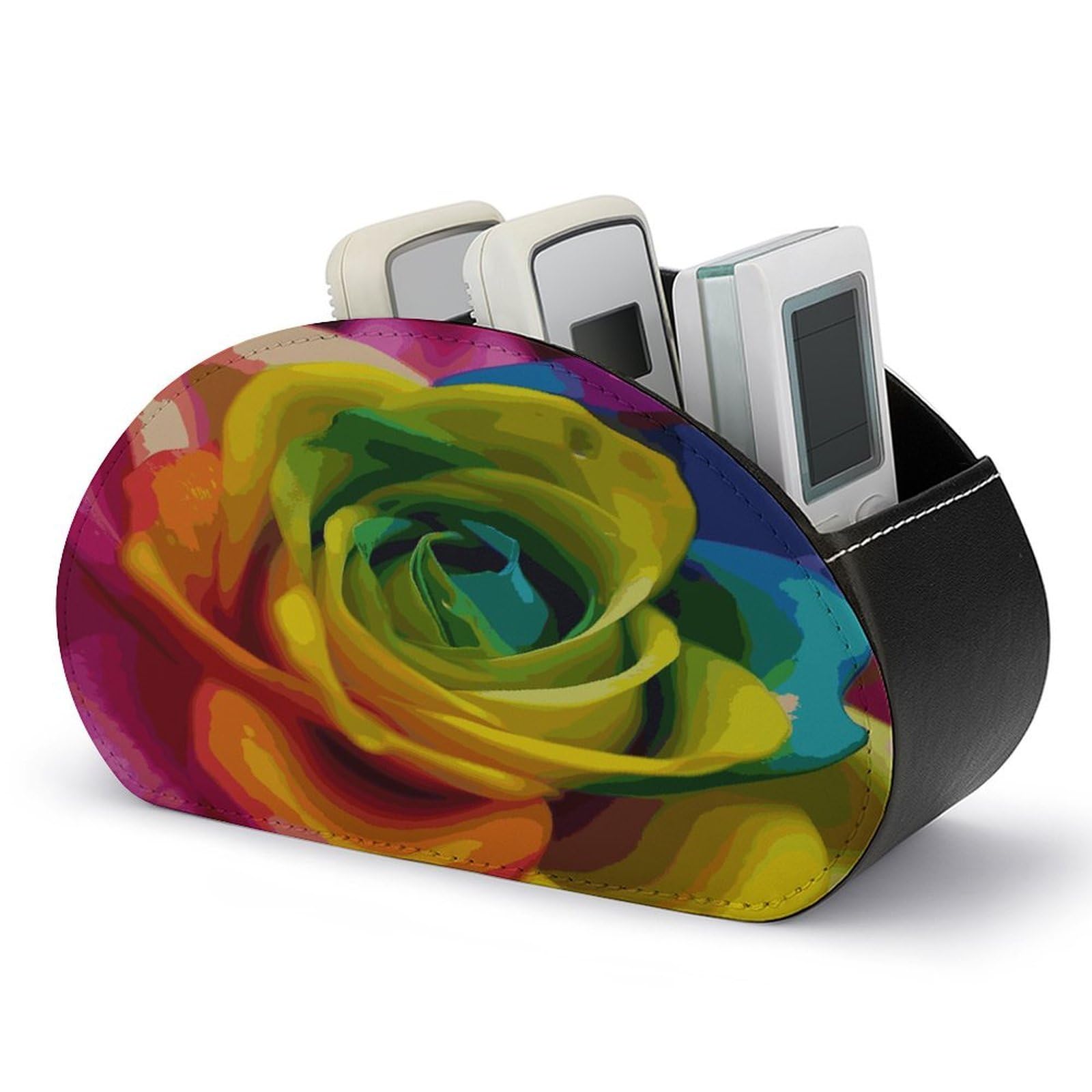 FekiLoot Rainbow Flower Remote Control Holder, PU Leather Remote Control Organizer Box Stationery Remote Control Box Desk Storage Organizer for DVDs,Glasses,Pens,Media Players