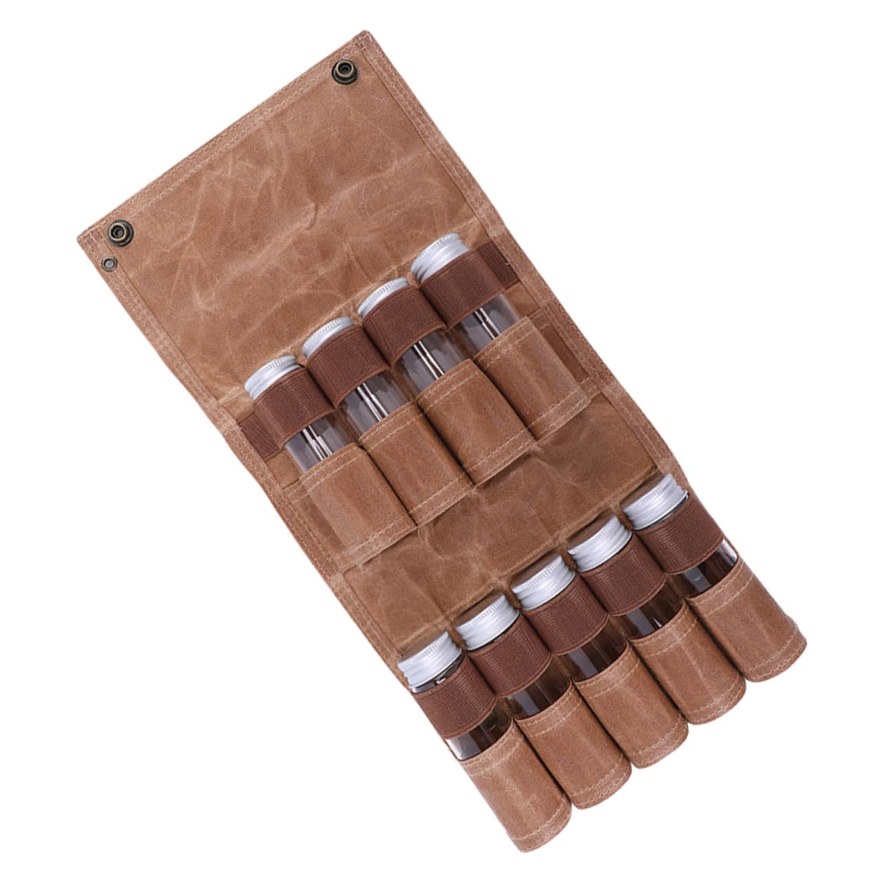 Set da Campeggio per Spezie Borsa Porta Condimenti | Canvas, Vetro e Alluminio, Colore Marrone, per Campeggio e Picnic, Organizza i Condimenti