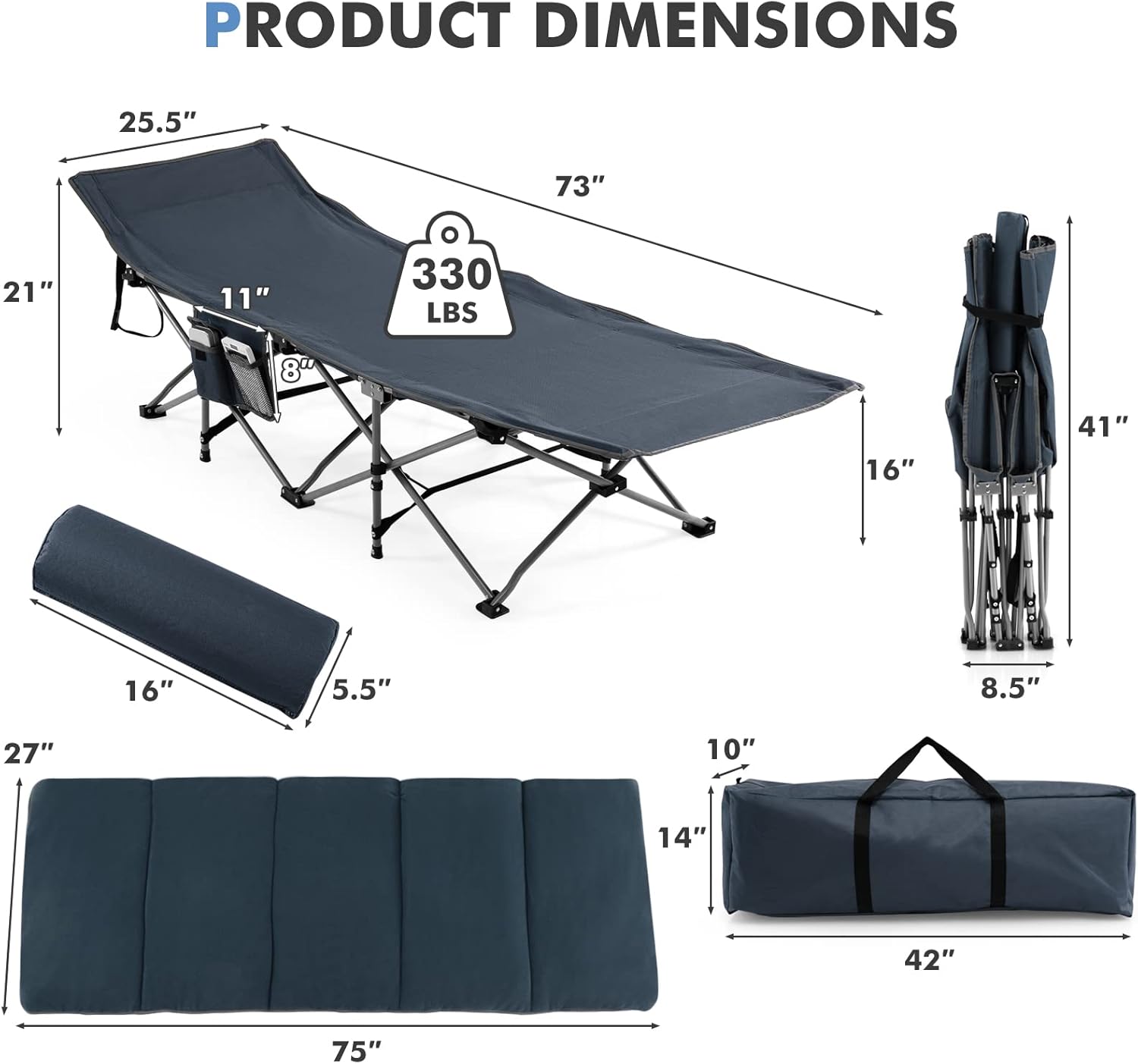Tangkula Camping Cot for Adults, Folding Sleeping Cot with Removable Mattress, Pillow, Side Pocket, Portable Indoor Outdoor Cot Bed with Carry Bags for Travel, Camp, Office, Home (Blue)